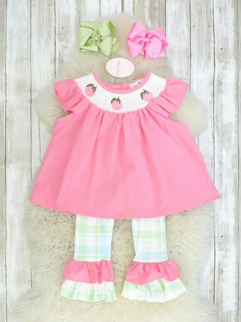 Smocked Peach Plaid Ruffle Outfit For Girls 1