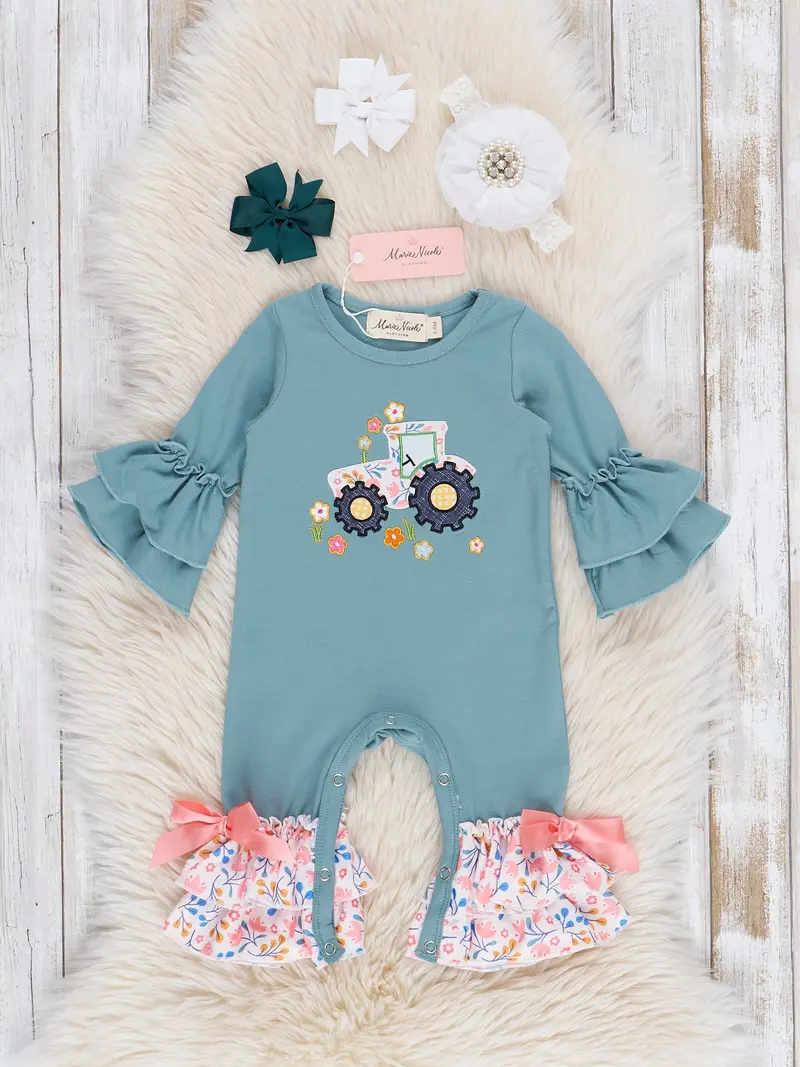 Soft Floral Tractor-Embroidered Shortall Romper 1