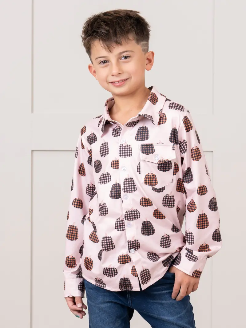Soft Pink Plaid Pumpkin Button-Up Shirt 1