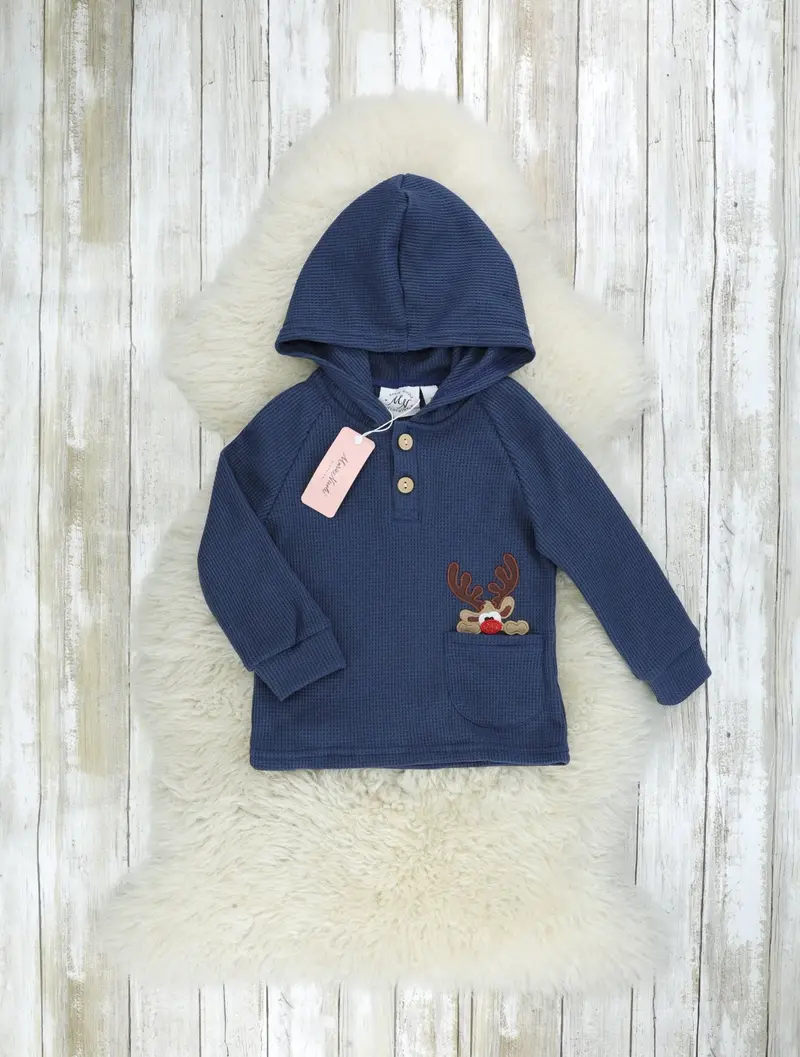 Spruce Blue Reindeer Hoodie With Front Pocket 1