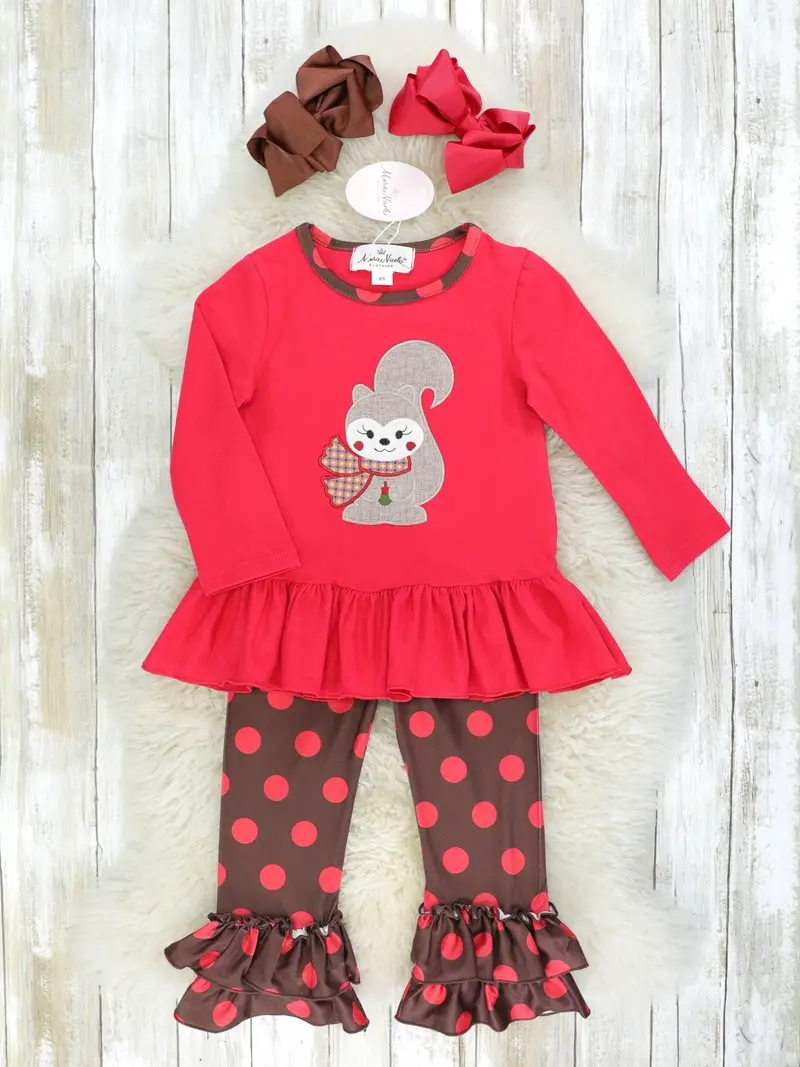 Squirrel Print Polka Dot Ruffle Outfit 1