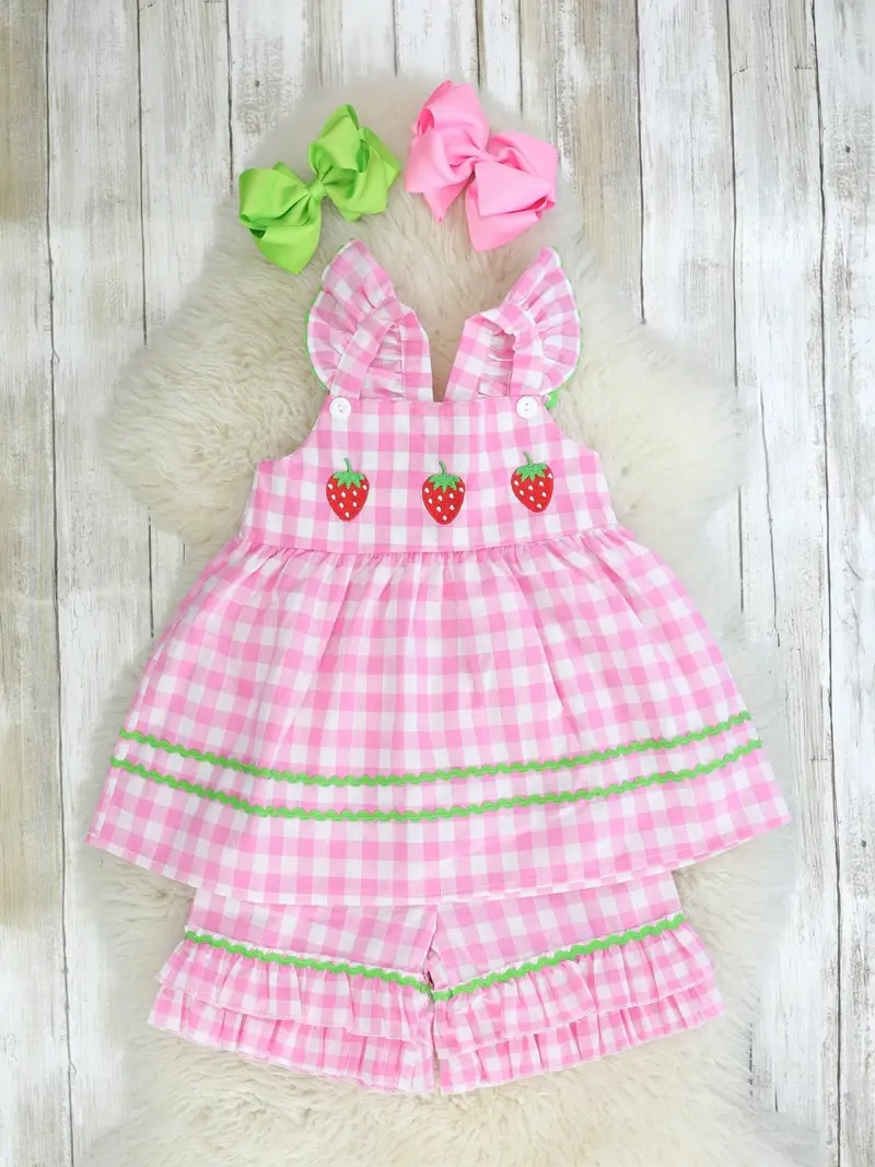 Strawberry-Print Checked Ruffle Outfit In Pink 1