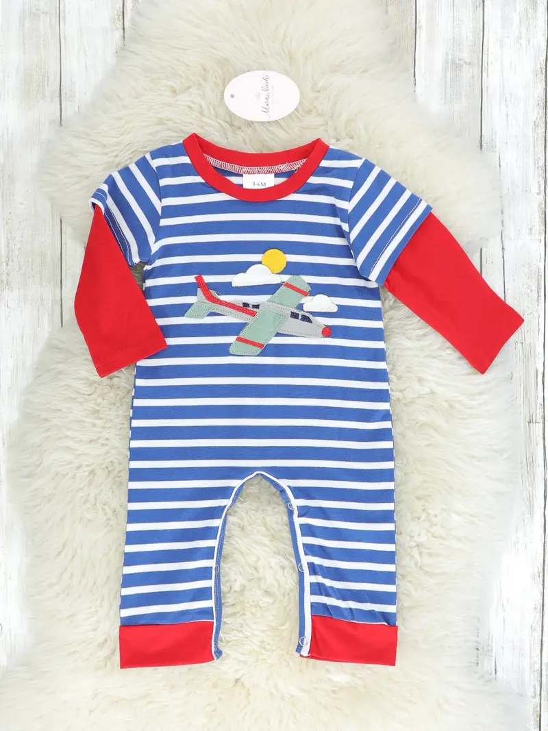 Striped Airplane Long-Sleeve Romper 1