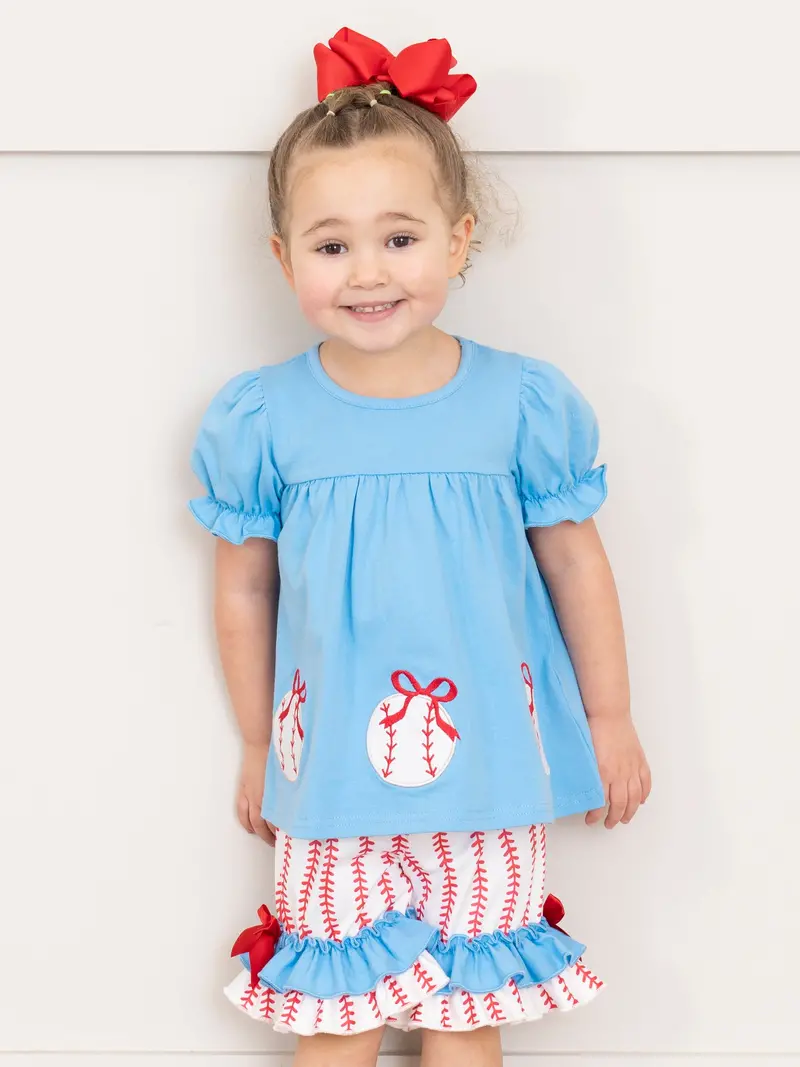 Striped Baseball Embroidery Ruffle Outfit 1