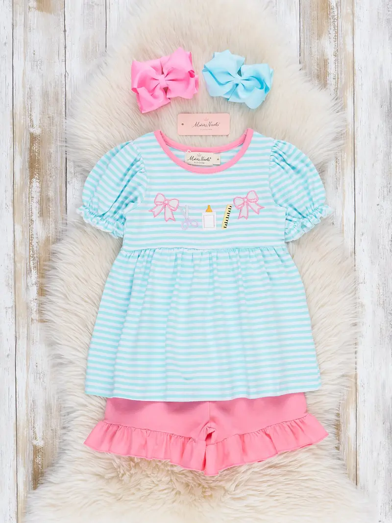 Striped Classroom Bow Ruffle Cotton Outfit 1