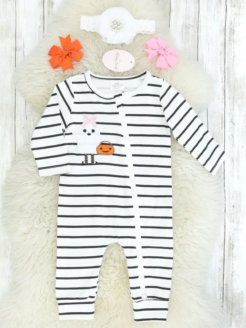 Striped Ghost Romper Pajamas With Bow And Pumpkin Accents 1