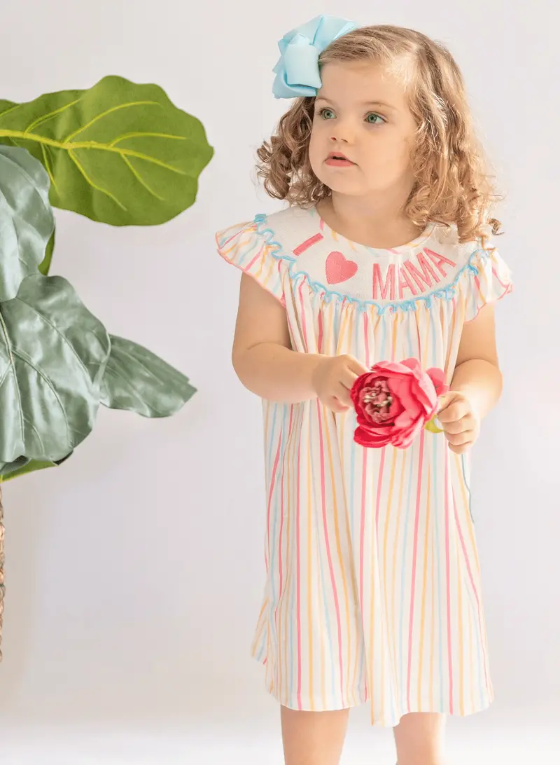 Striped "I Love Mama" Smocked Dress – Casual Chic Style 1