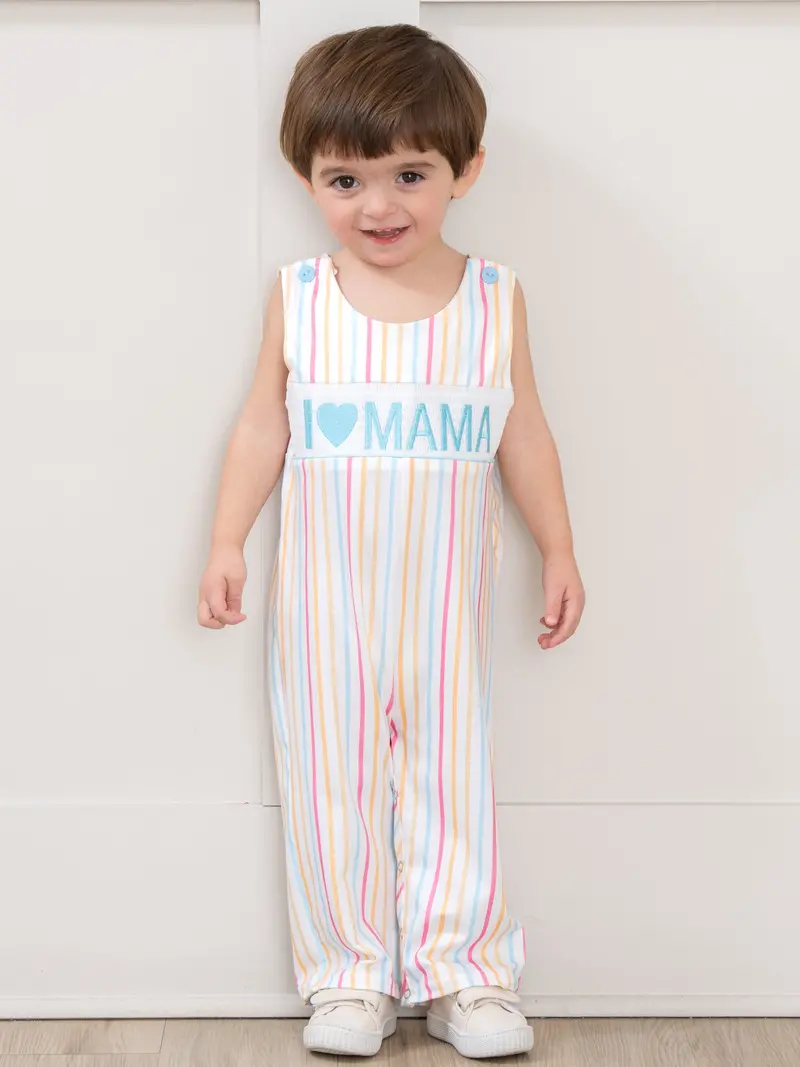 Striped "I Love Mama" Smocked Johnny Top With Matching Bottoms 1