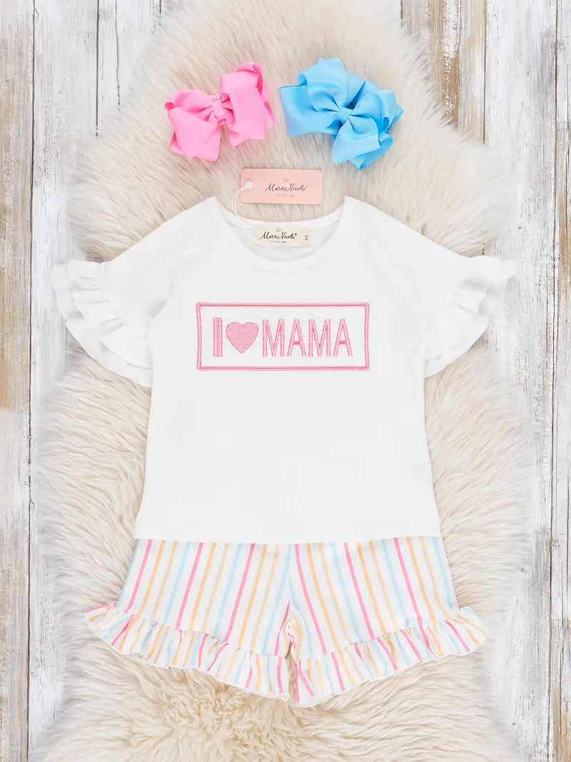 Striped "I Love Mama" Smocked Ruffle Outfit Set 1