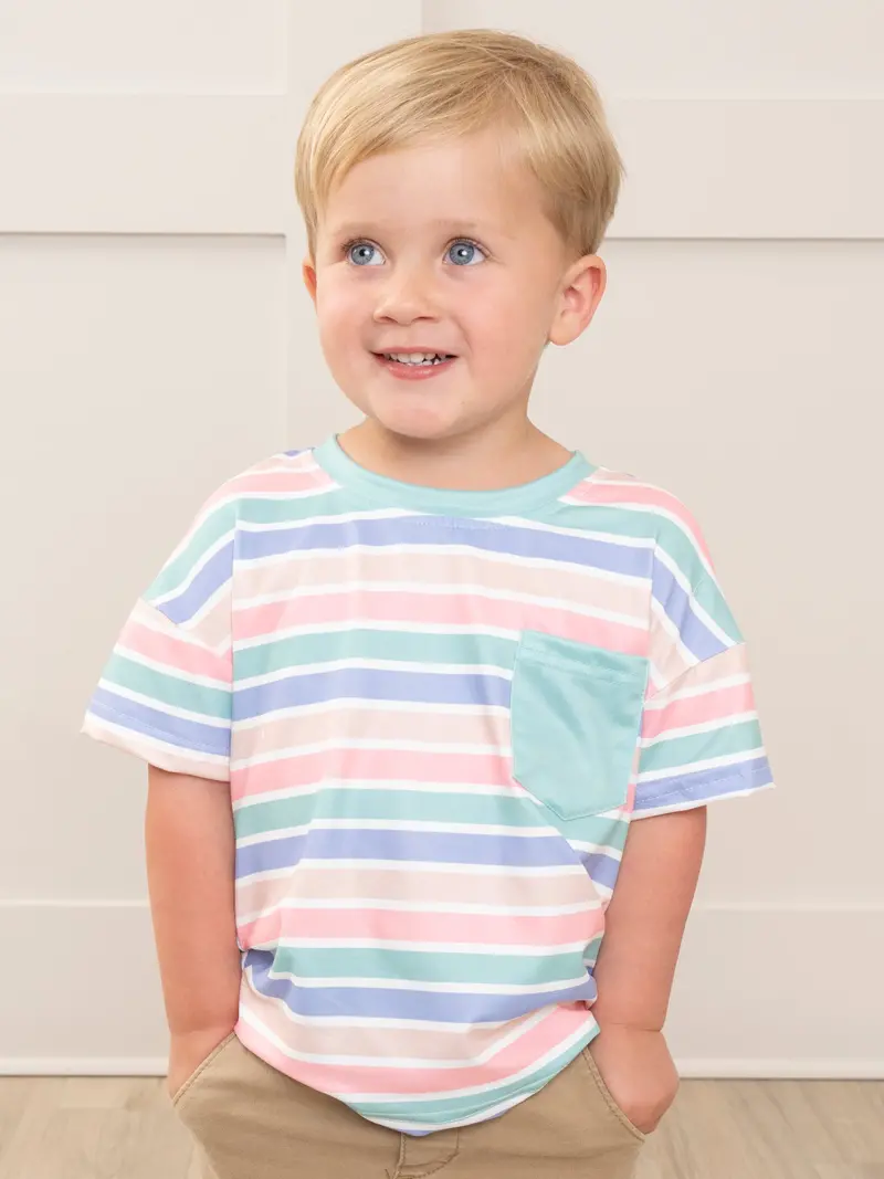 Striped Peach And Teal Shirt With Chest Pocket 1