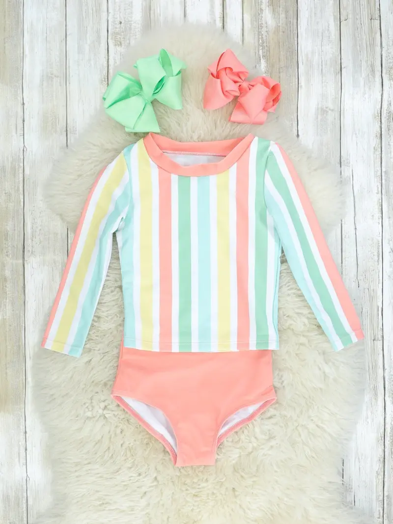 Striped Rash Guard Top With Coral-Colored Bottoms 1