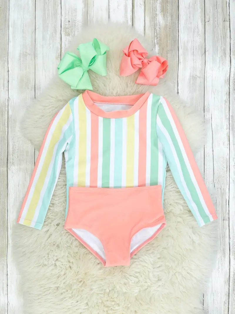 Striped Rash Guard Top With Coral-Colored Bottoms 2