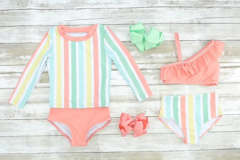 Striped Rash Guard Top With Coral-Colored Bottoms 3