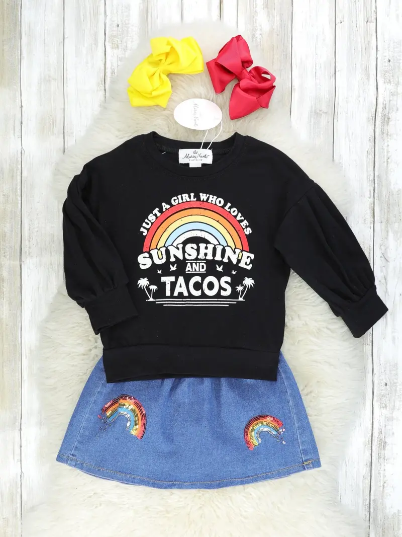 Sunshine & Tacos Graphic Top With Rainbow Denim Skirt Set 1