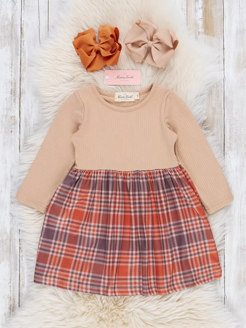 Tan Fall Plaid A-Line Dress With Button Detail 1