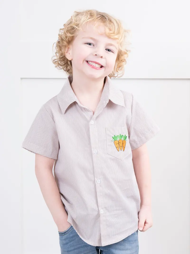 Tan Striped Carrot-Embroidered Button-Up Shirt 1