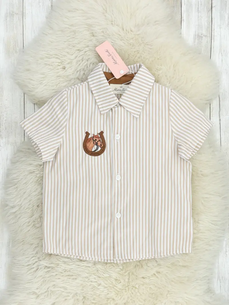 Tan Striped Horse Graphic Polo Shirt 1