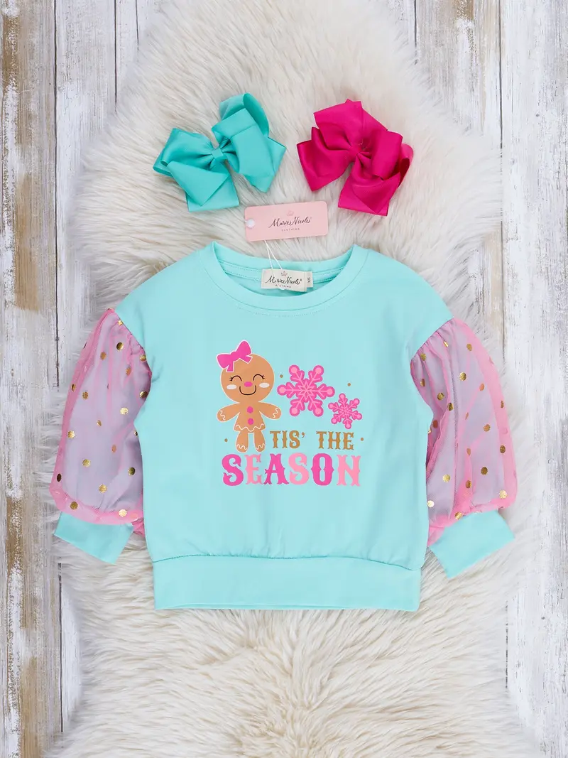Teal And Pink 'Tis The Season Tulle-Sleeve Top 1