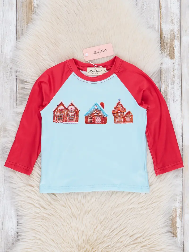 Teal And Red Gingerbread House Raglan Top 1