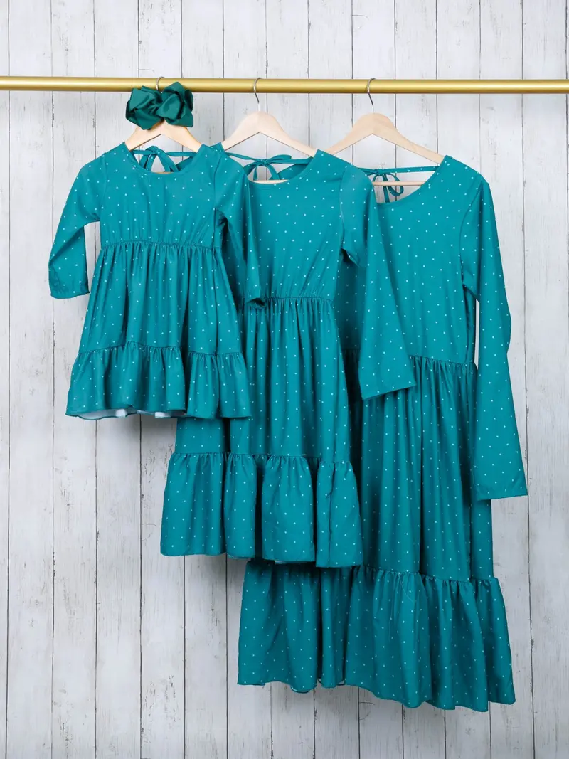 Teal Polka Dot Ruffle Tie-Front Dress Duo 1