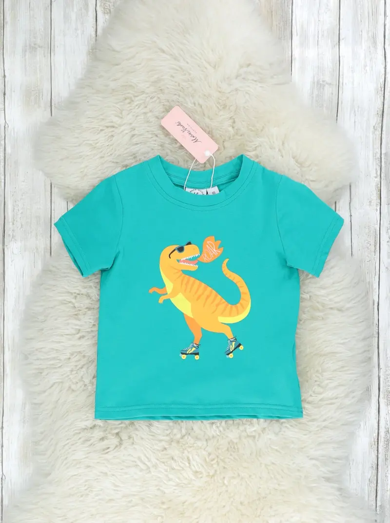 Teal Roller Skate Dinosaur Short-Sleeve Shirt 1
