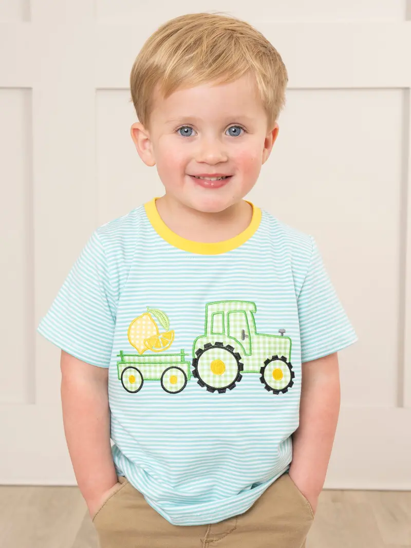 Teal Shirt Embroidered With Lemon And Tractor Design 1