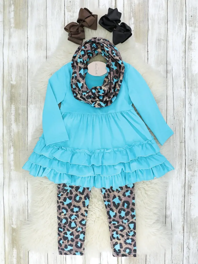 Three-Piece Blue Leopard Ruffle Outfit Set 1