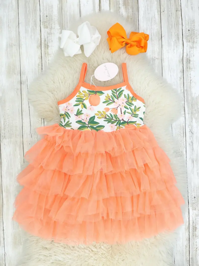 Tiered Orange Floral Ruffle Tulle Dress 1