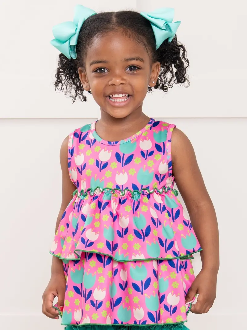 Tiered Ruffle Tank Top Featuring Tulip Print 1