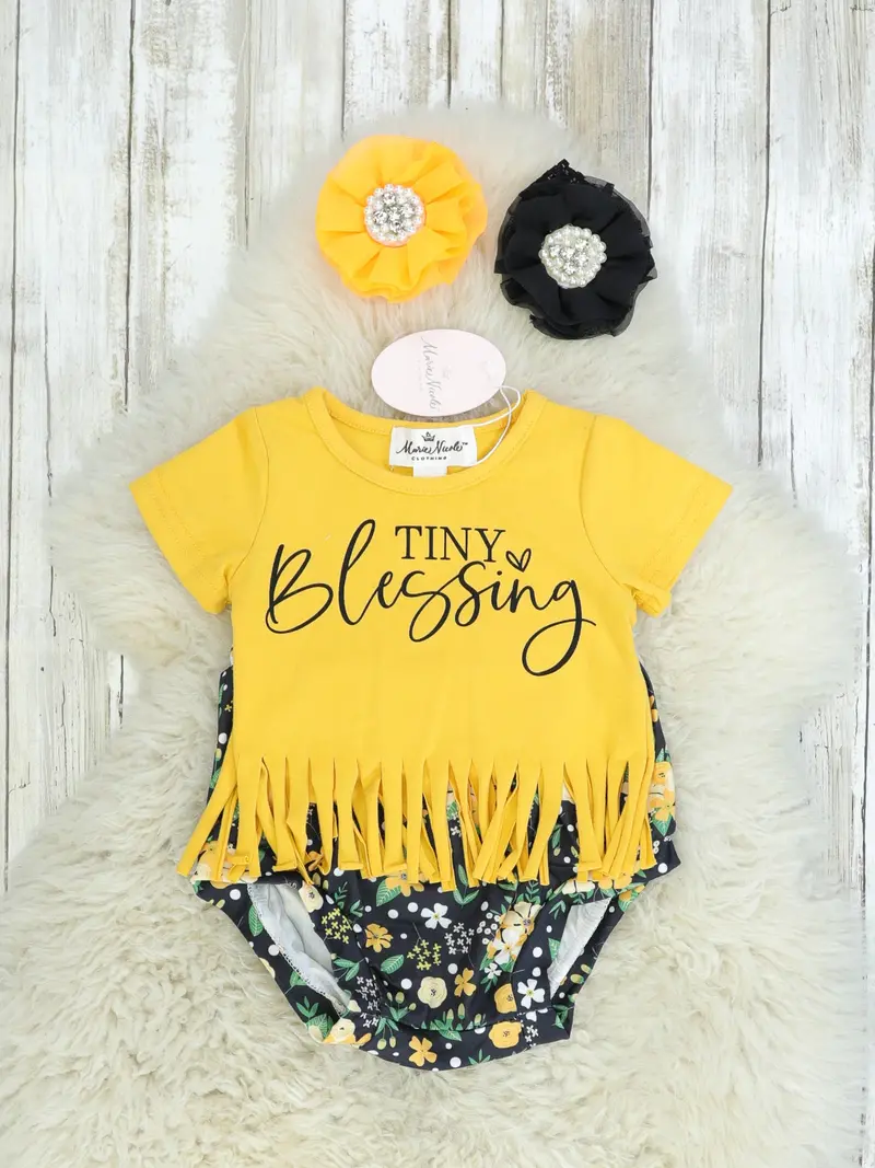 "Tiny Blessing" Fringe Top And Bloomers Set For Babies 1