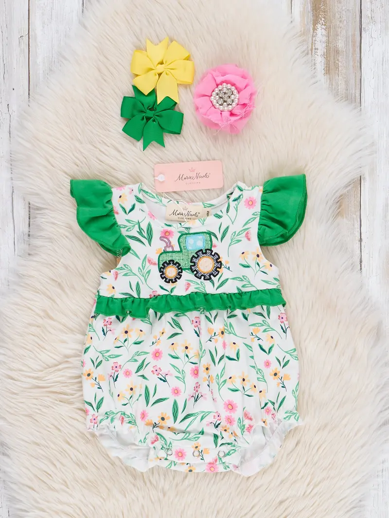 Tractor-Embroidered Floral Ruffle Bubble Romper 1