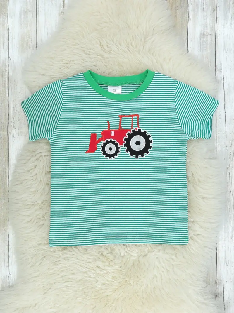 Tractor-Print Striped Short-Sleeve Shirt 1