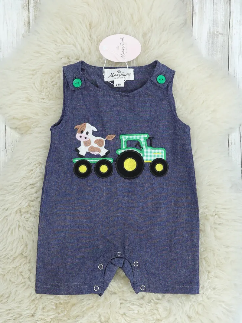 Tractor-Themed Cow Chambray Johnny Top 1