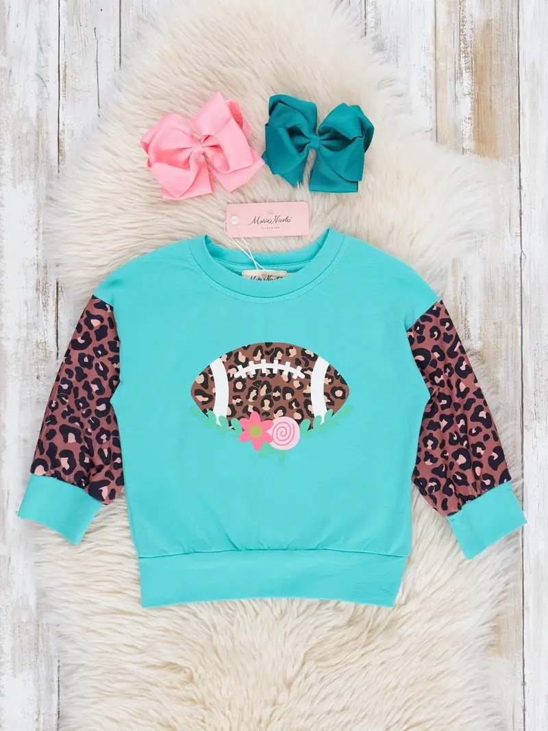 Turquoise And Leopard Print Football Raglan Tee 1