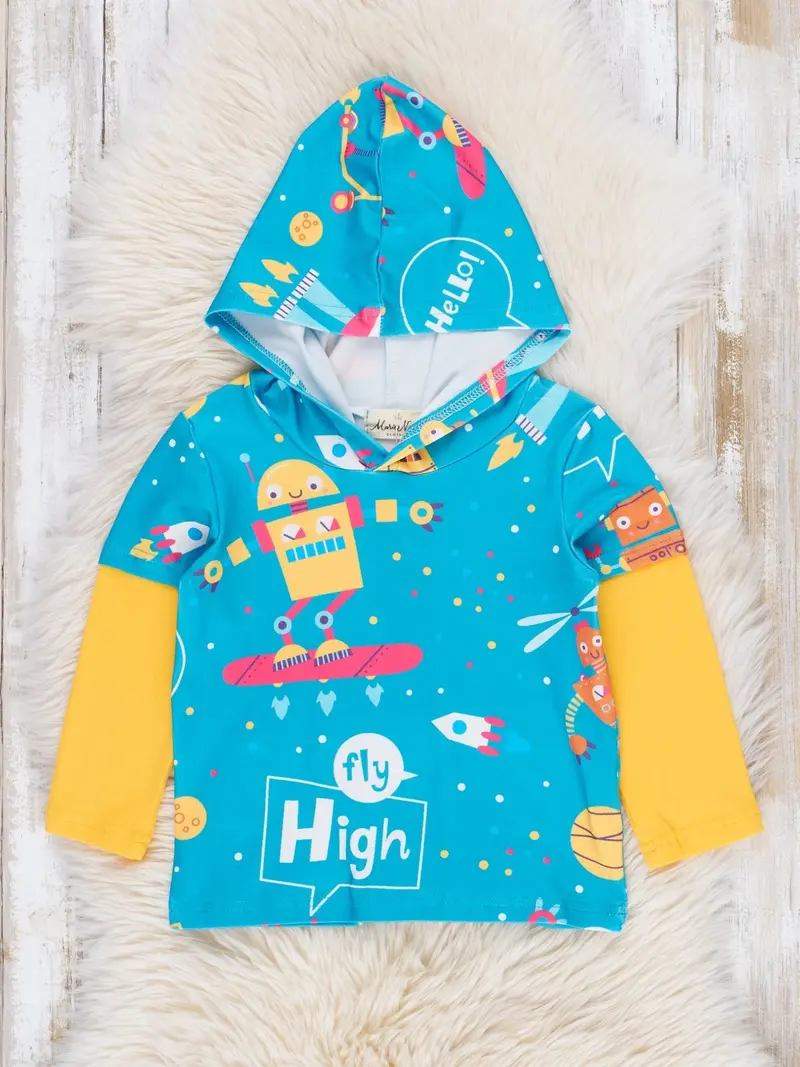 Turquoise And Yellow Space-Themed Raglan Hoodie For Kids 1