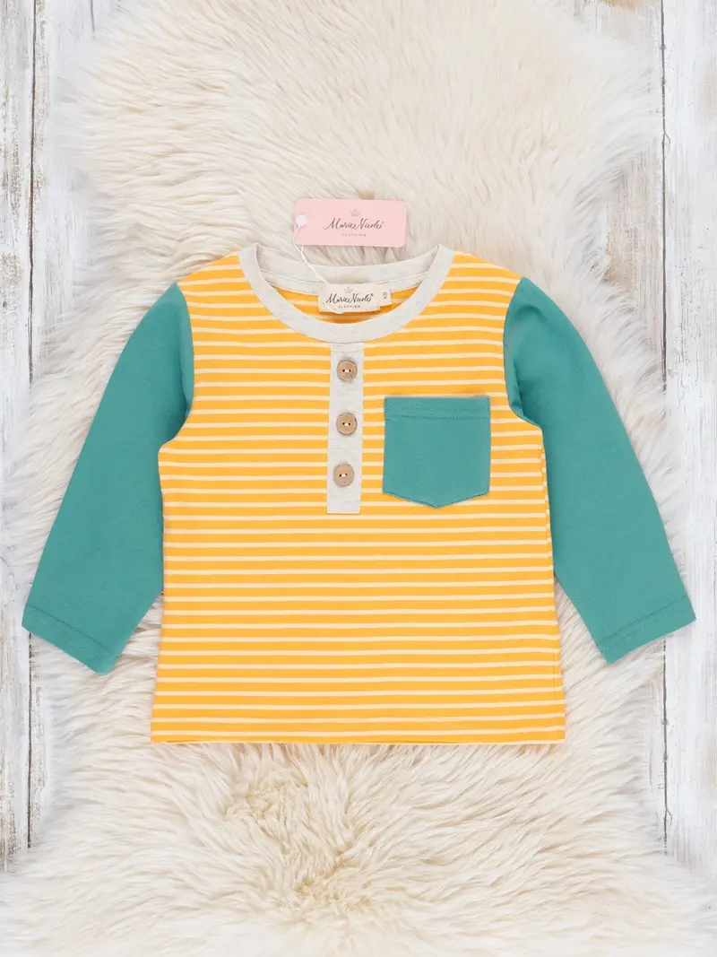 Turquoise And Yellow Striped Pocket Raglan Shirt 1