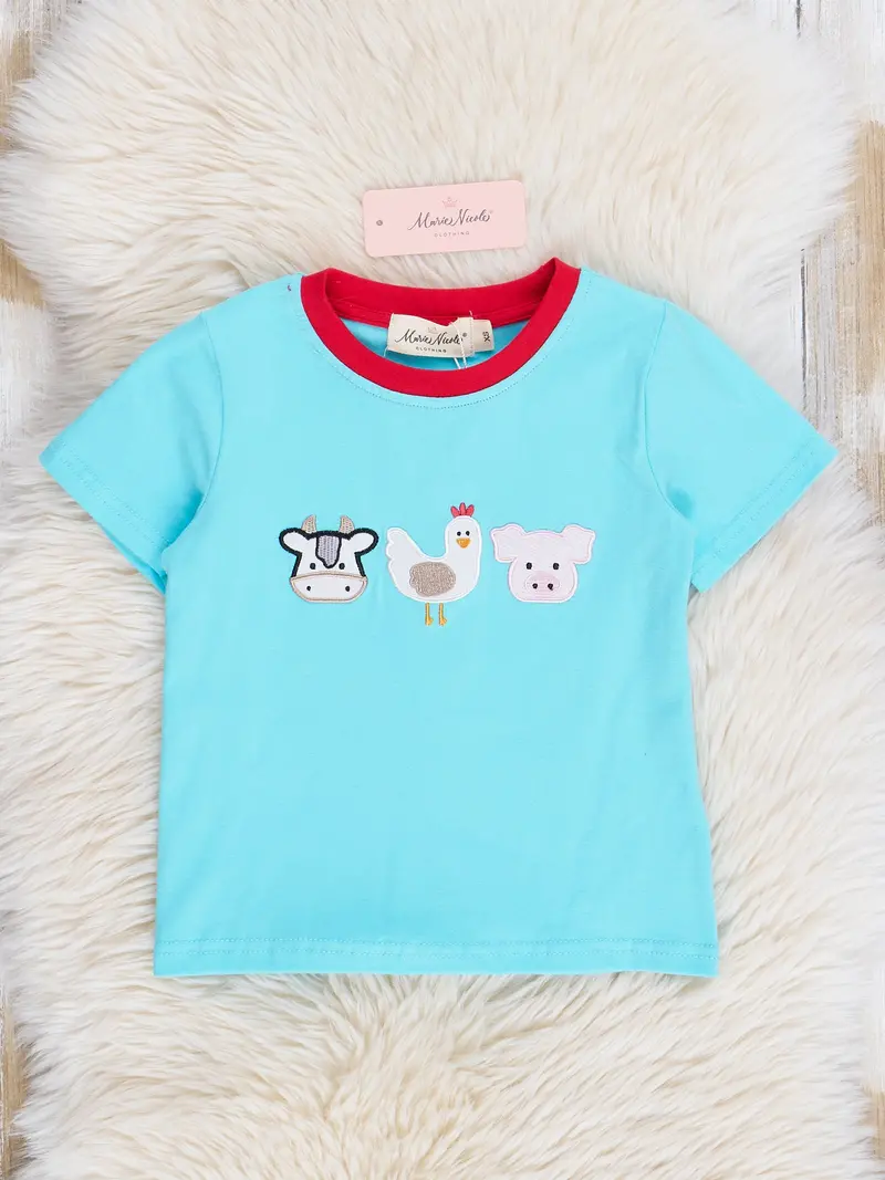 Turquoise Farm Friends Embroidered Short-Sleeve Shirt 1