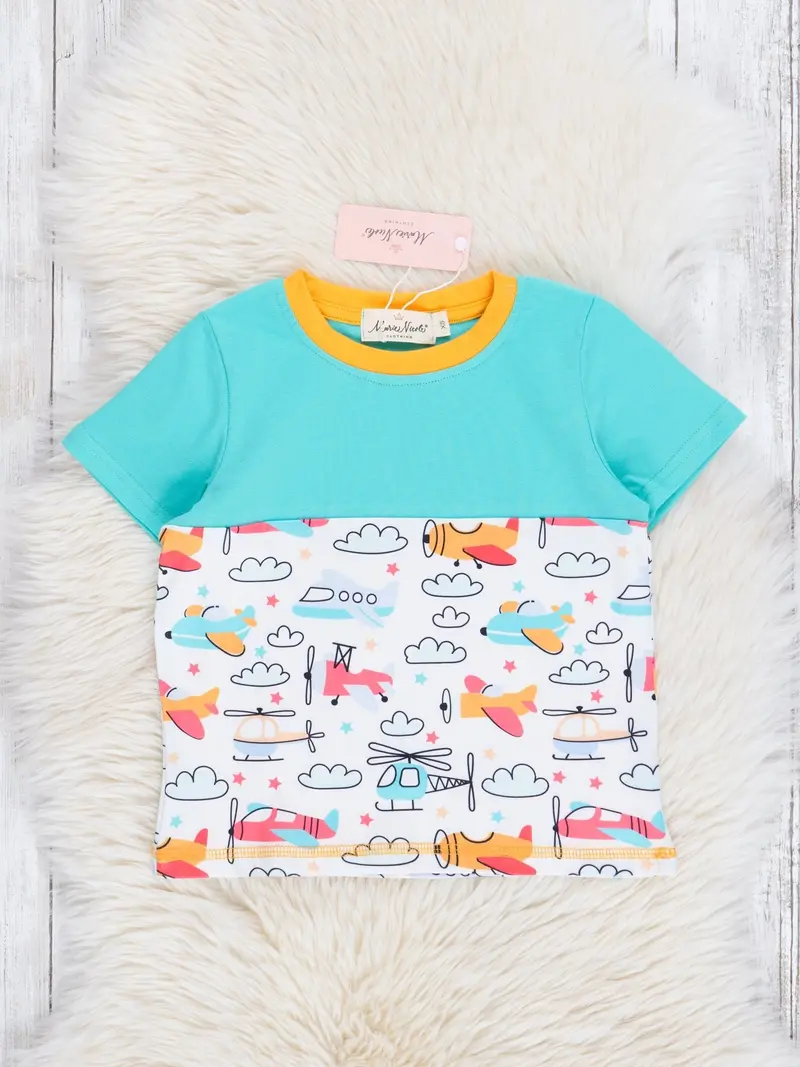 Turquoise Shirt Featuring Airplane-In-Clouds Illustration 1