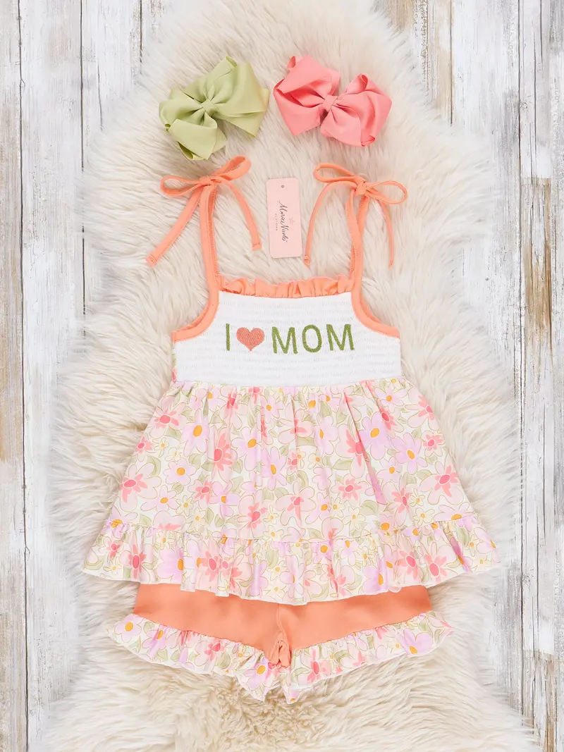Vintage Floral Smocked Ruffle Outfit With 'Mom Love' Embroidery 1