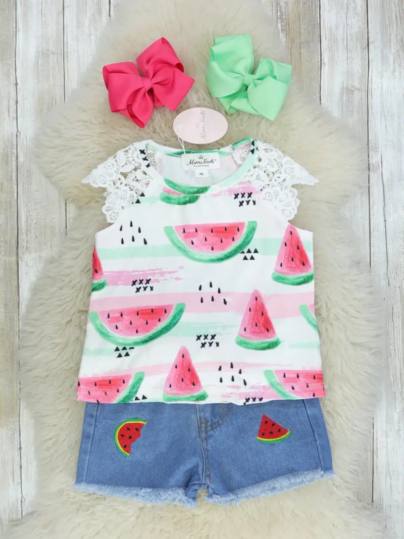 Watermelon Bow-Adorned Denim Outfit 1