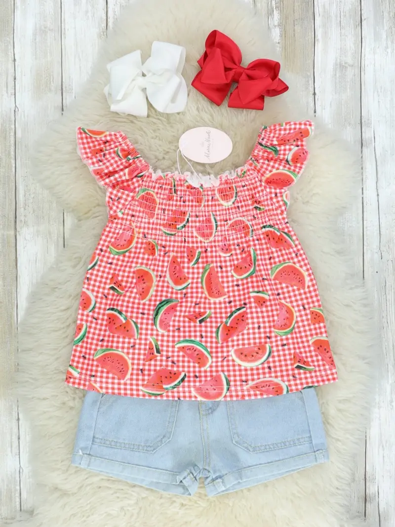 Watermelon Flutter Sleeve Top And Denim Shorts Set 1