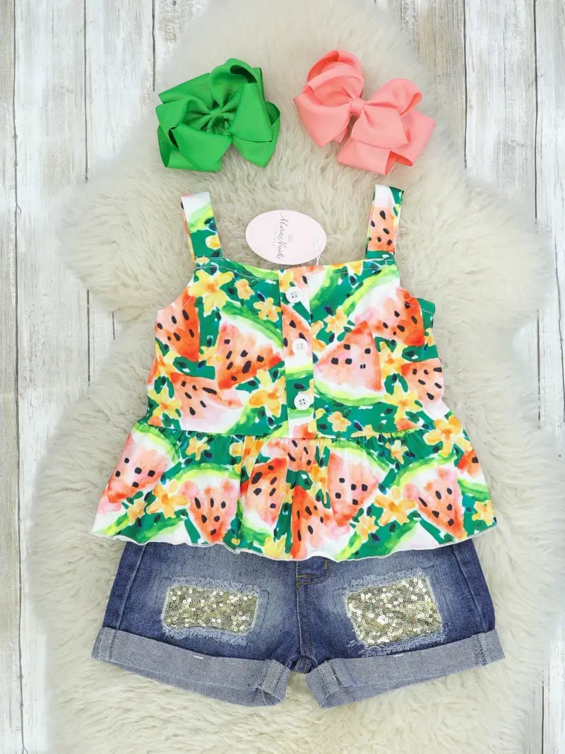 Watermelon Peplum Tank With Sequin Denim Bottoms 1