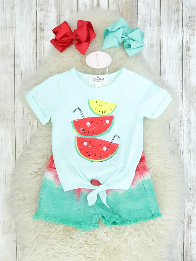 Watermelon Tie-Front Top With Ombre Denim Shorts 1