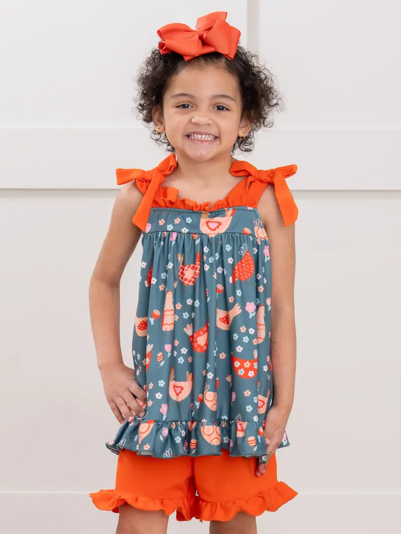 Whimsical Chicken-Print Bow-Tied Outfit 1