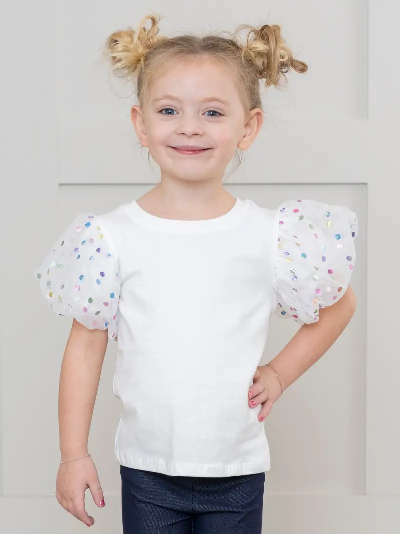 White Confetti Print Puff-Sleeve Top 1
