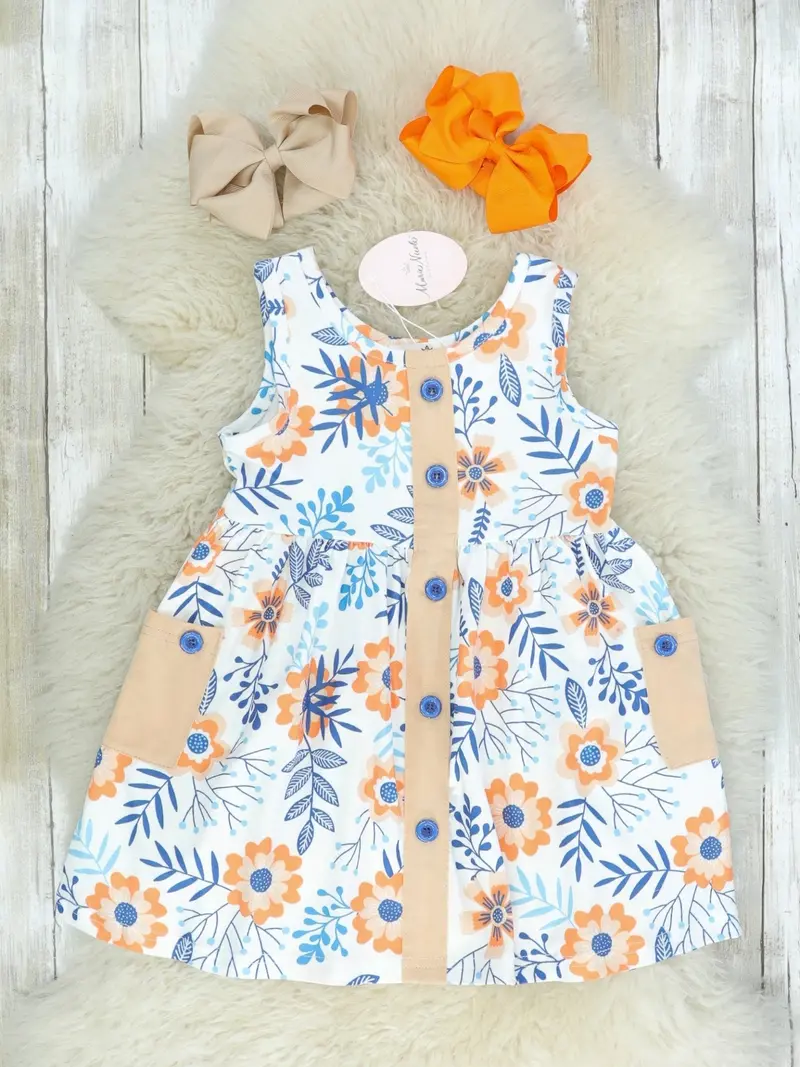 White Floral Pocket Dress For Little Girls 1