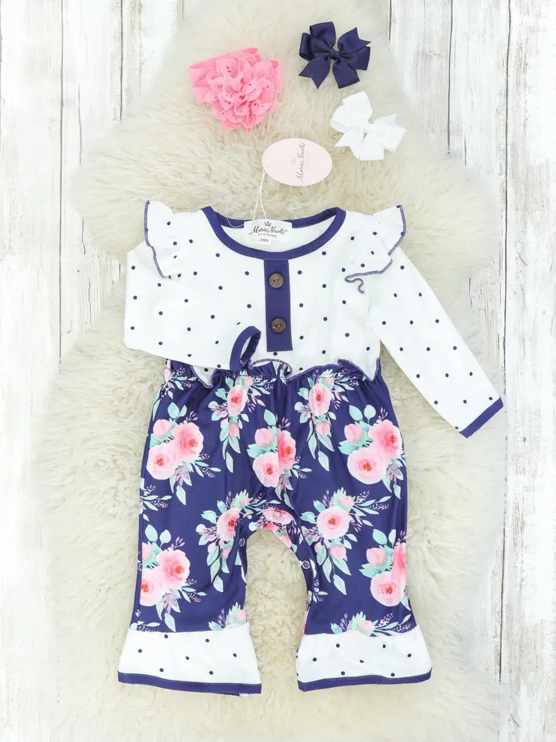 White Polka Dot And Dark Floral Ruffle Romper 1
