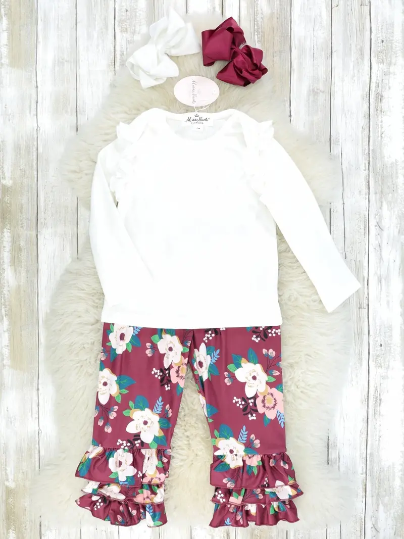 White Ruffle Top And Burgundy Floral Bottoms Combo 1
