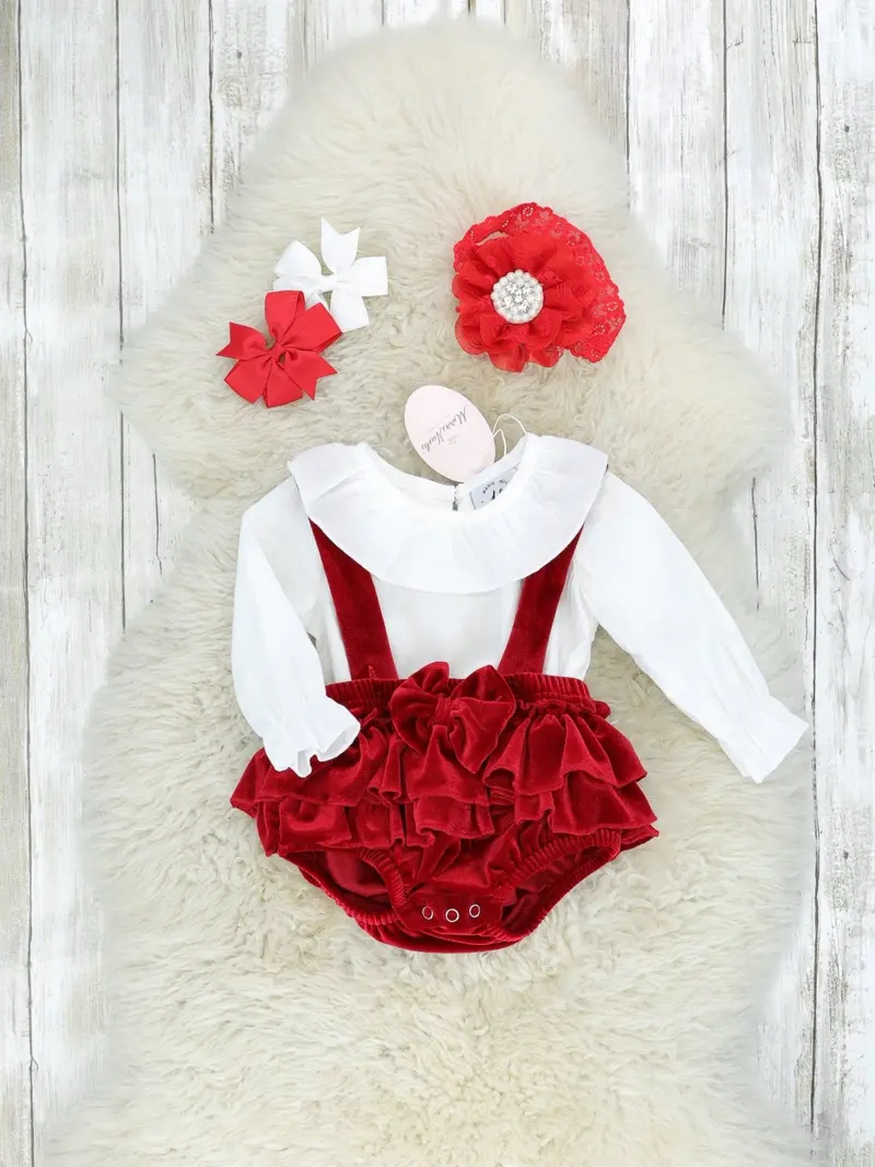 White Ruffle Top With Ruby Velvet Overalls 1