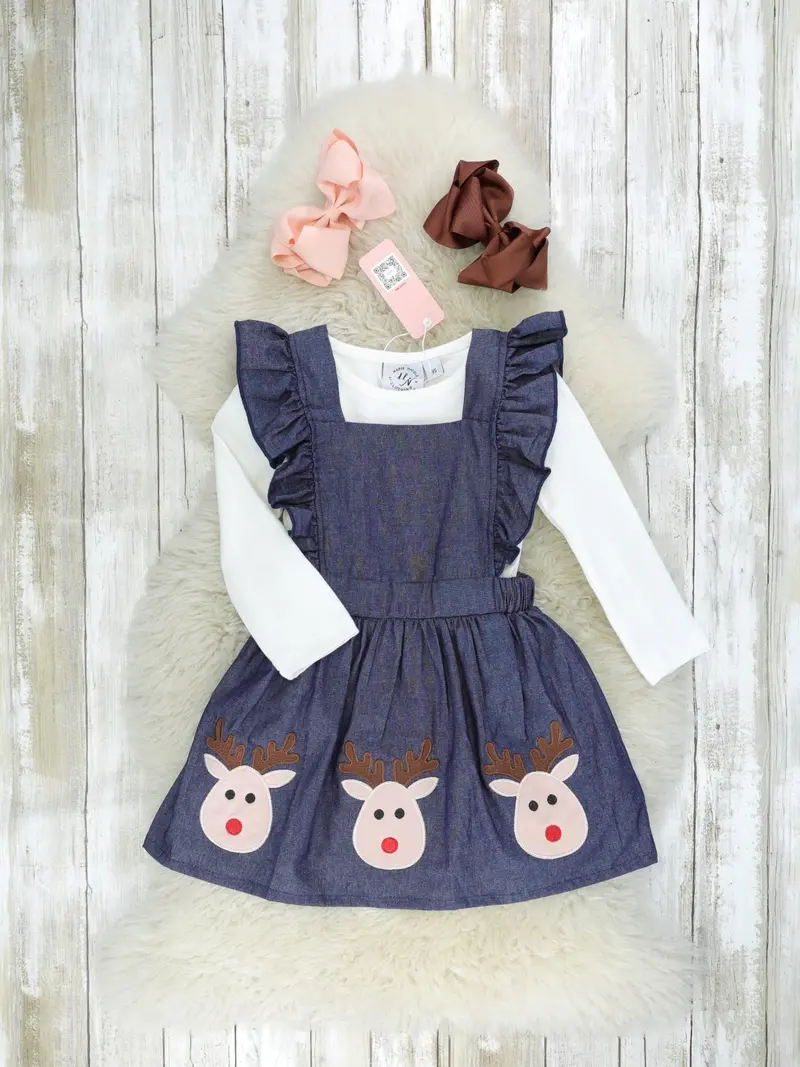 White Top Paired With Chambray Reindeer Ruffle Dress 1